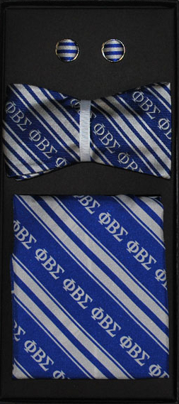 Sigma Silk Bowtie- Handkerchief-Cufflinks Set - Royal - White Stripes