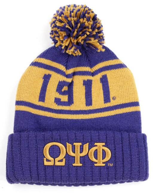 Omega Letter Purple Beanie w/ Puffball - 2023