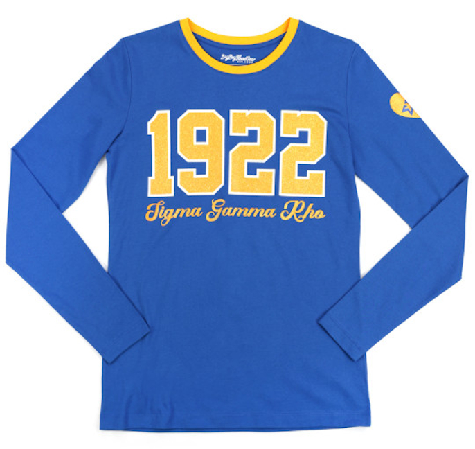 Sigma Gamma Rho Sorority Blue Glitter Lettering Long Sleeve Tee - 2023